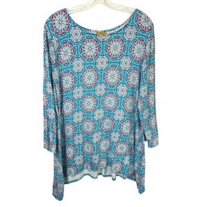 Ruby Rd Plus Size 1X Tunic Top Blue Red Medallion Mature Office Psychedelic 603